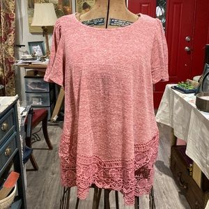 NWT pink top with asymmetrical lace detail.